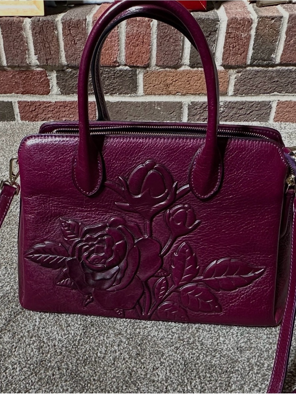 Pijushi Plum Embossed Rose Satchel Bag with Top Handles
